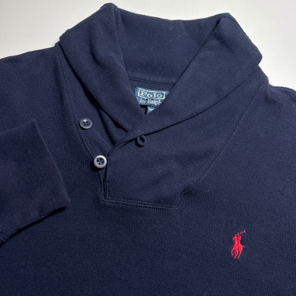 Polo Ralph Lauren Shawl Collar Pullover Sweater Mens M Navy Blue Cotton Vintage